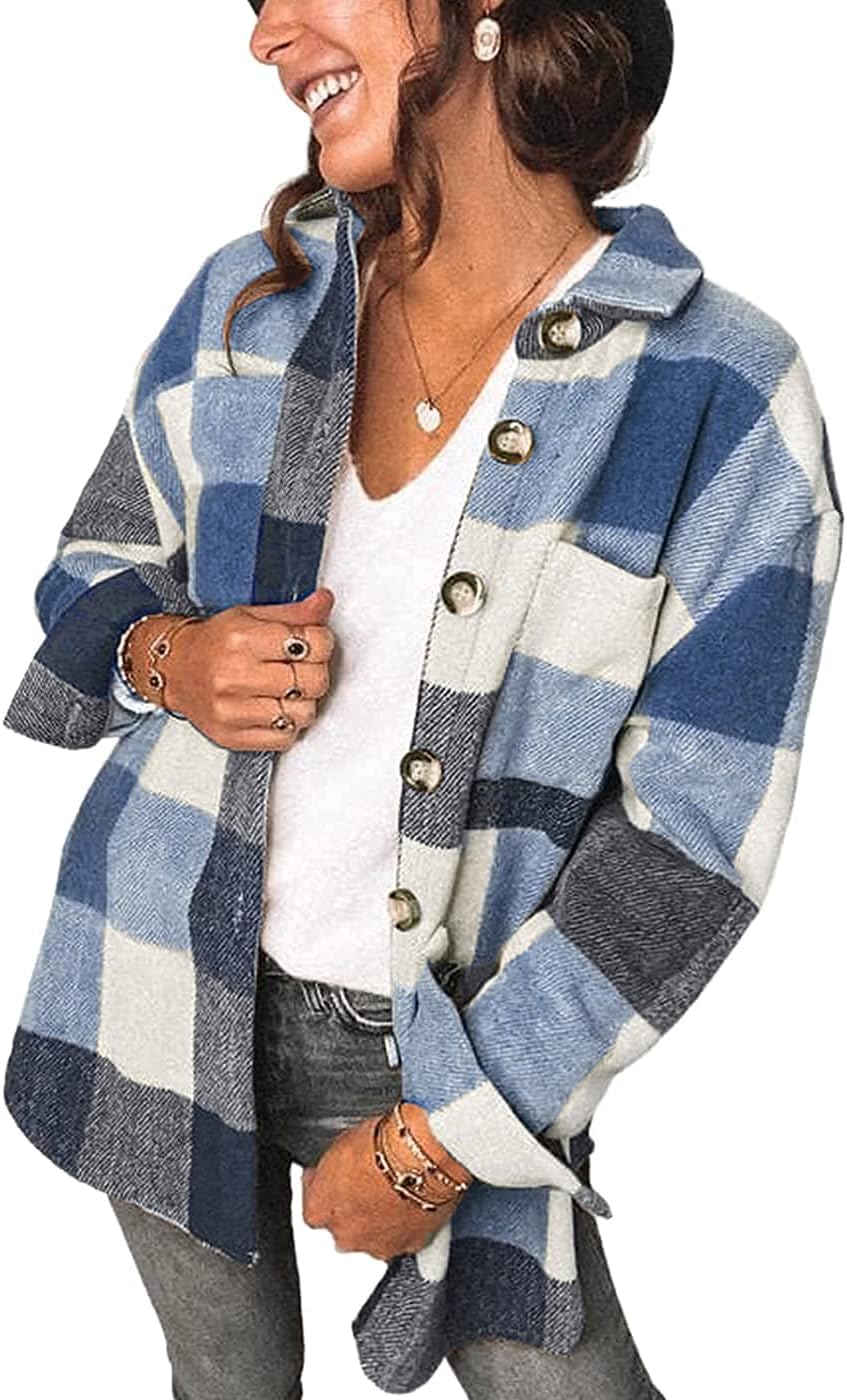 Women's Brushed Plaid Shirts Long Sleeve Flannel Shacket Jacket