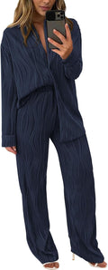 PRETTYGARDEN Womens 2 Piece Fall Set - Textured Button Down & Wide Leg