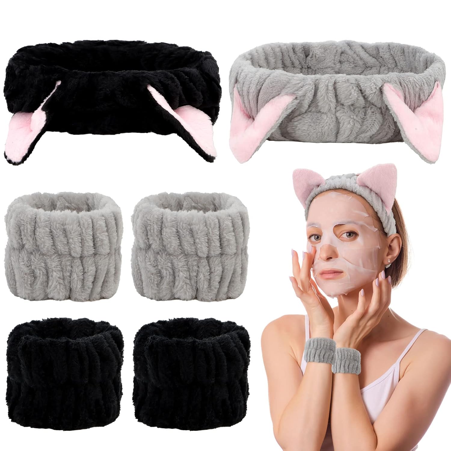 AMCAMI Spa Set: Cat Ears Headband & Face Washing Wristband