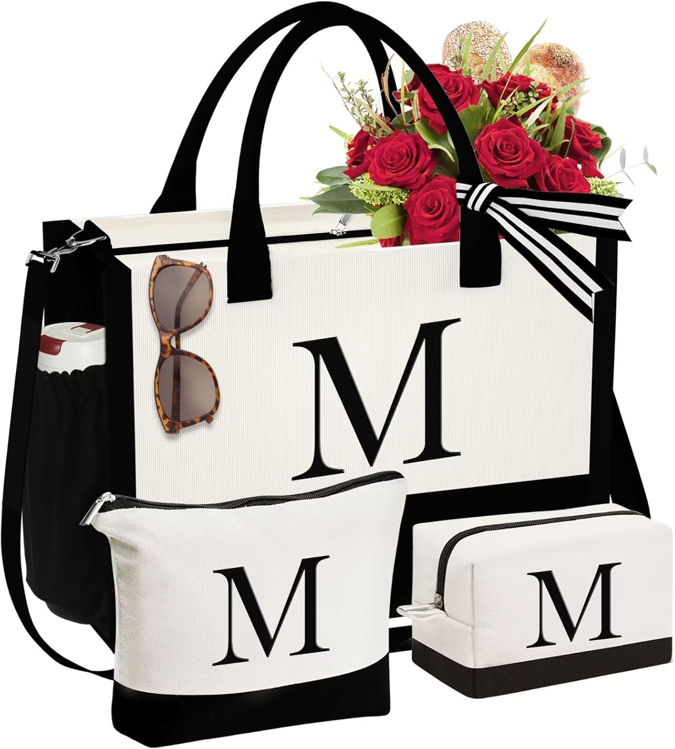Personalized Initial Canvas Tote Bag & Makeup Bag Set for Gifts