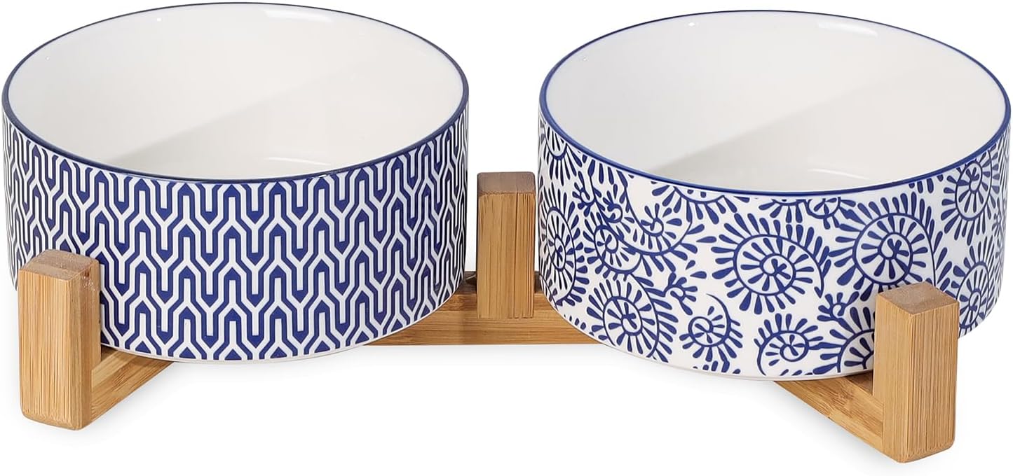 Selamica Ceramic Dog Bowls Set with Wooden Stand for Pets