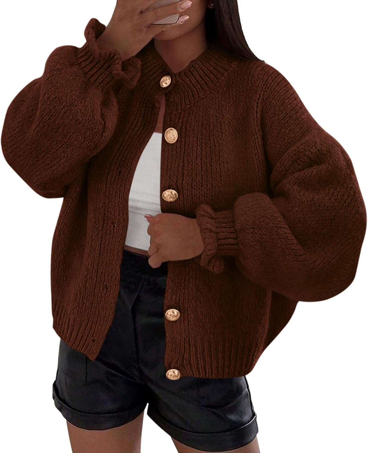 Trendy Ruffle Open Front Chunky Knit Sweater for Women