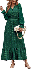 MASCOMODA Women Maxi Dress 2025 Swiss Dot Smocked A-Line - Flattering
