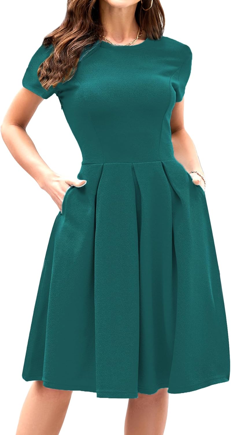 Oxiuly Women's Vintage Half Sleeve O-Neck Swing Dress with Pockets
