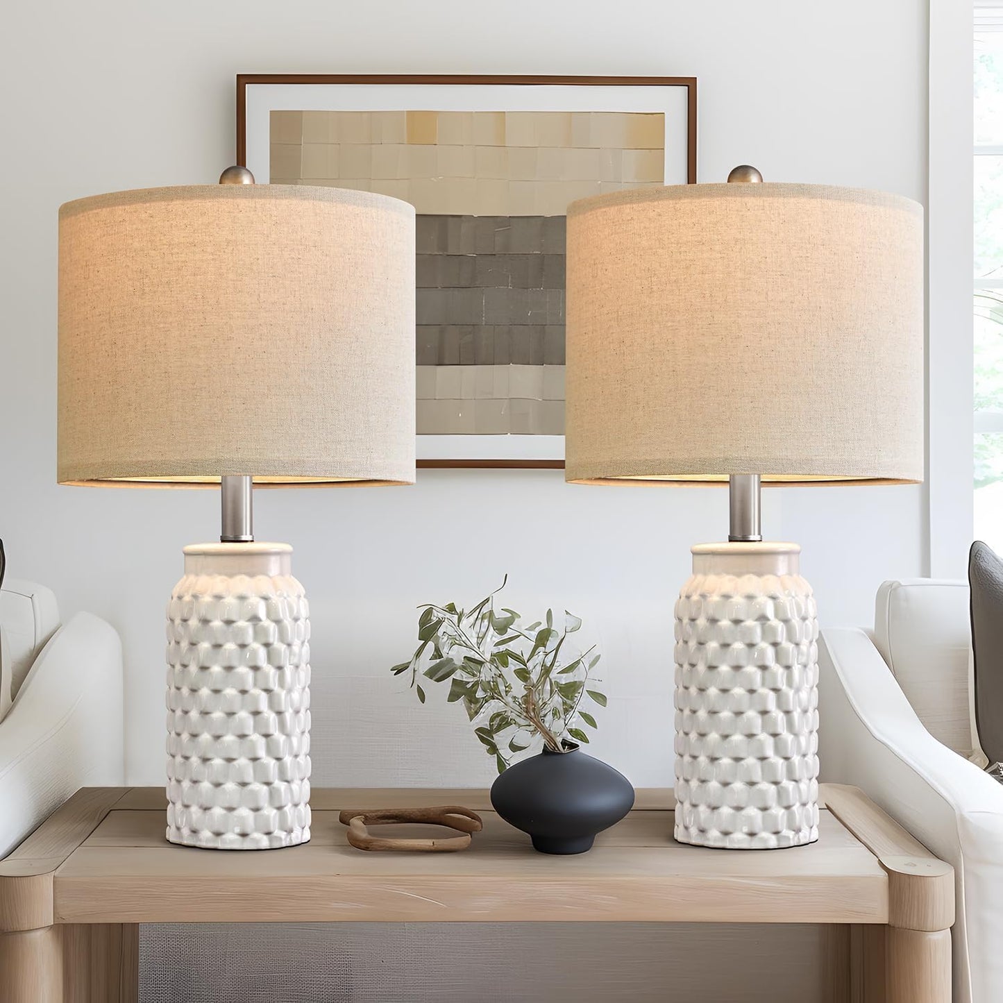 20.5 in White Modern Ceramic Bedside Lamp Set of 2 for Decor