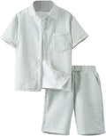 Boy's Textured Linen 2 Piece Beach Vacation Set - Short Sleeve Shirt