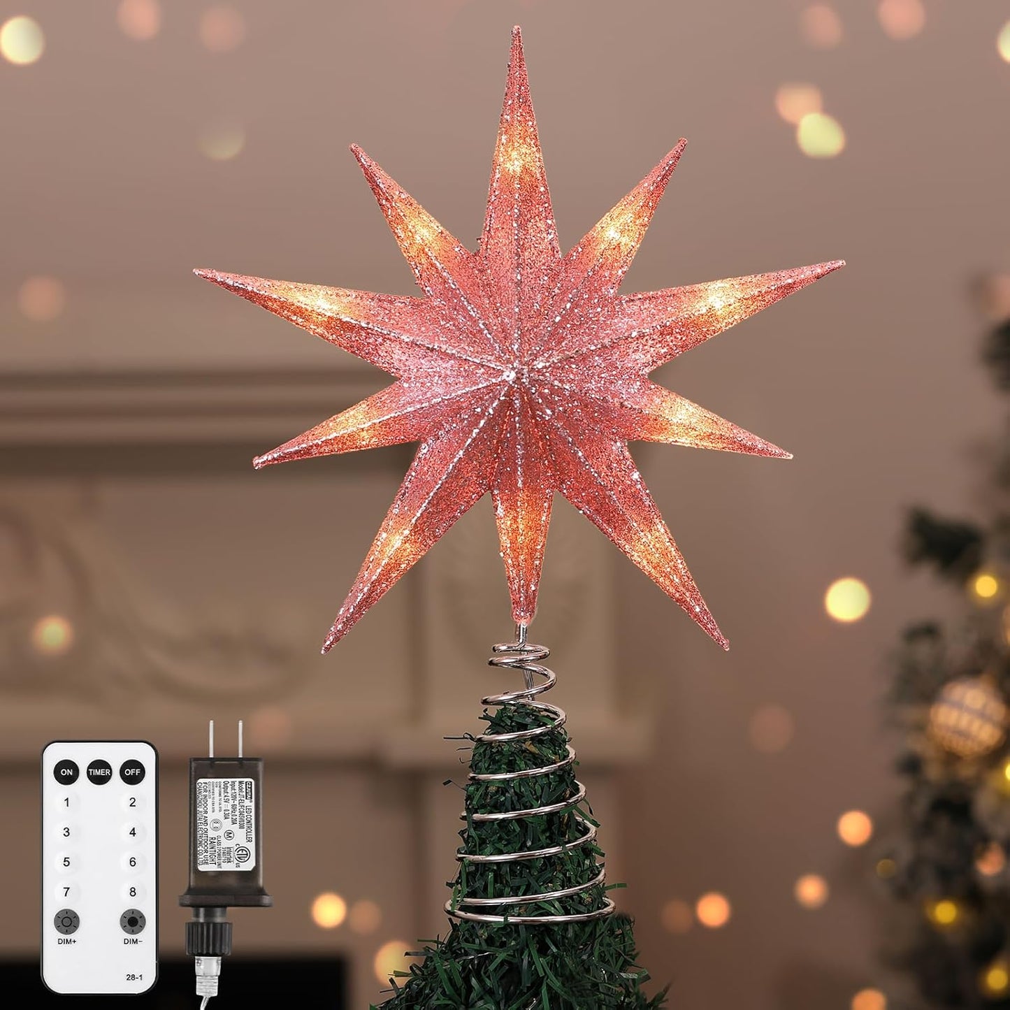 Lewondr Christmas Tree Topper Star with Remote Control & Timer