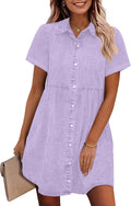 GRAPENT Denim Dress Babydoll Tiered Short Sleeve Button Down women