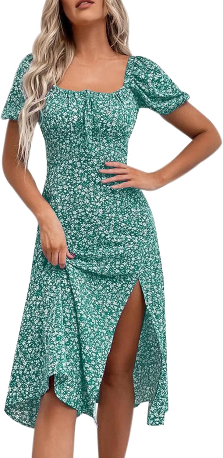 Floral Summer Casual Dress with Square Neck and Puff Sleeves