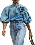 Women's Bow Denim Pullover Top with Puff Sleeves - High Neck