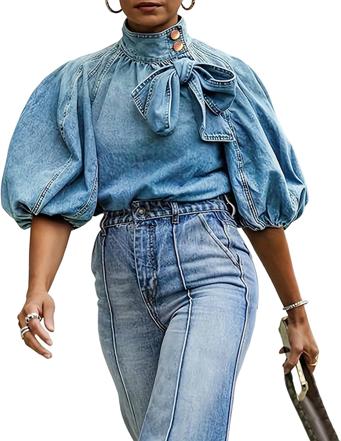 Women's Bow Design Denim Pullover Top with Puff Sleeves