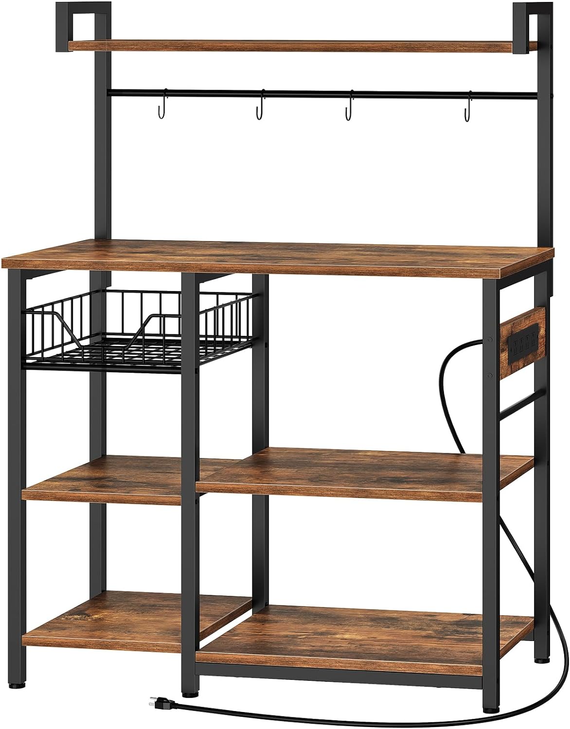 HOOBRO Rustic Brown Bakers Rack: Power Outlet, Storage & More