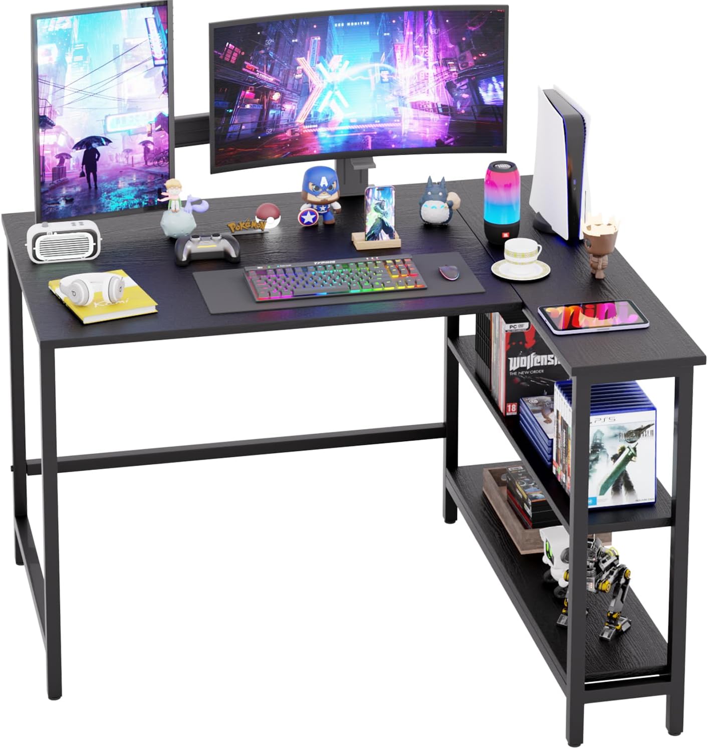 Space-Saving L-Shaped Gaming Desk - Durable Metal Frame, Reversible Storage Shelves