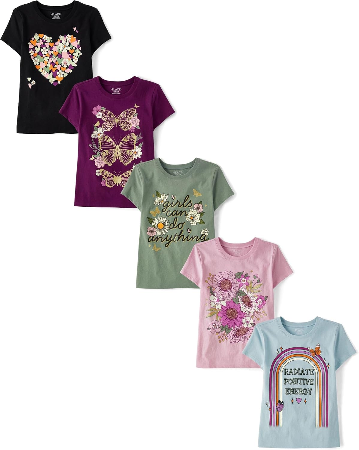 Trendy Girls' Short Sleeve Graphic T-Shirts 5 Pack for Kids