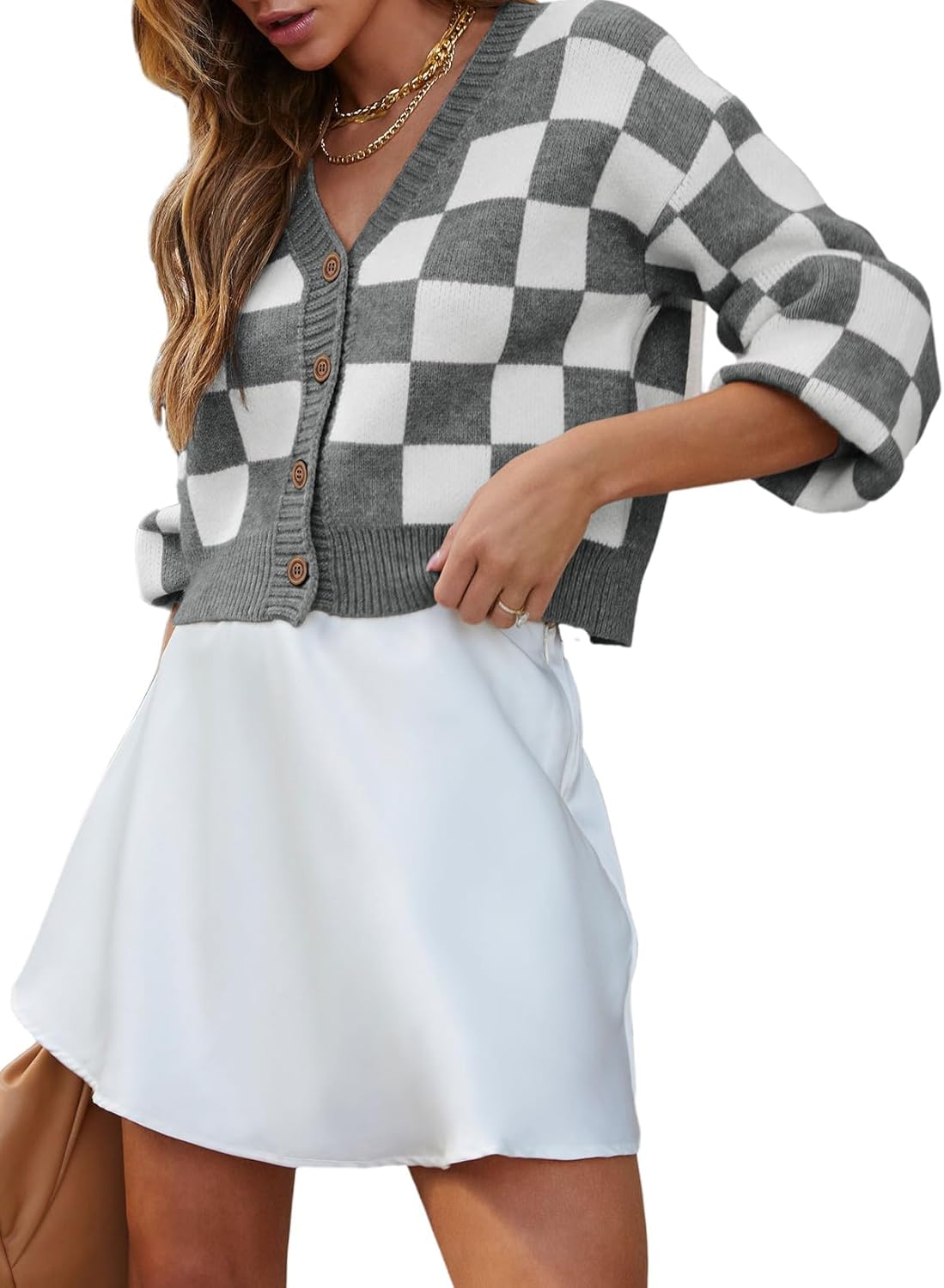 Dokotoo Womens Checkered V Neck Button Down Cropped Cardigan