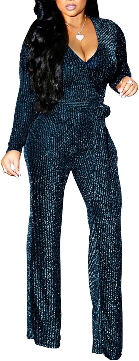 LightlyKiss Women Casual Sexy V Neck Sparkly Jumpsuits for Parties