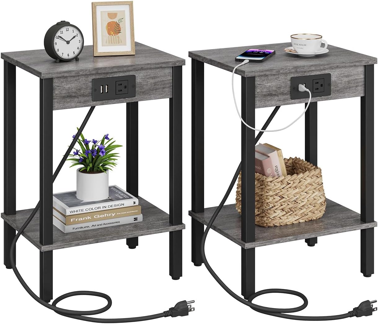 VIMBER Set of 2 End Tables with Charging Station and USB Ports