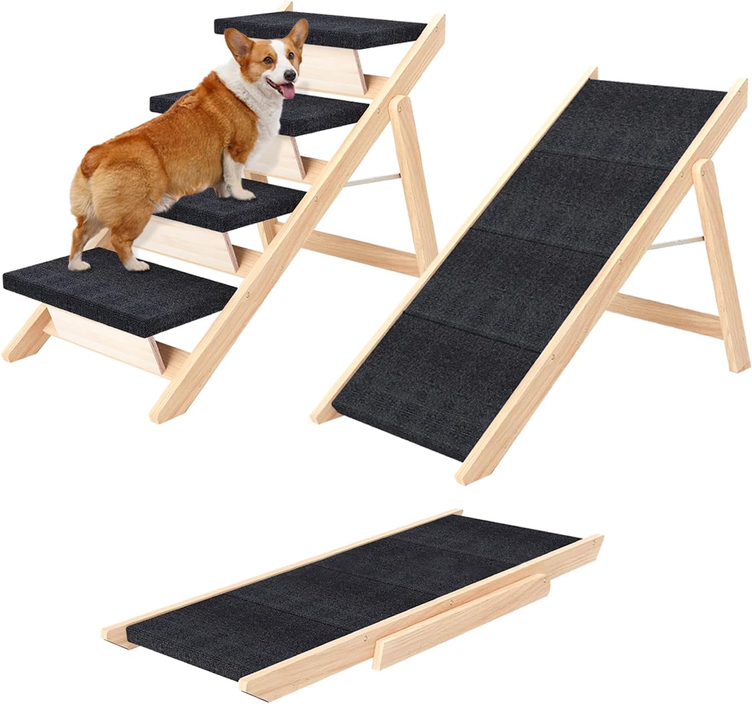 Dog Stairs/Ramp for Bed - Portable Wooden Pet Steps for Dogs