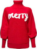 Christmas Holiday Red Merry Embroidered Knit Turtleneck Sweater - Cozy