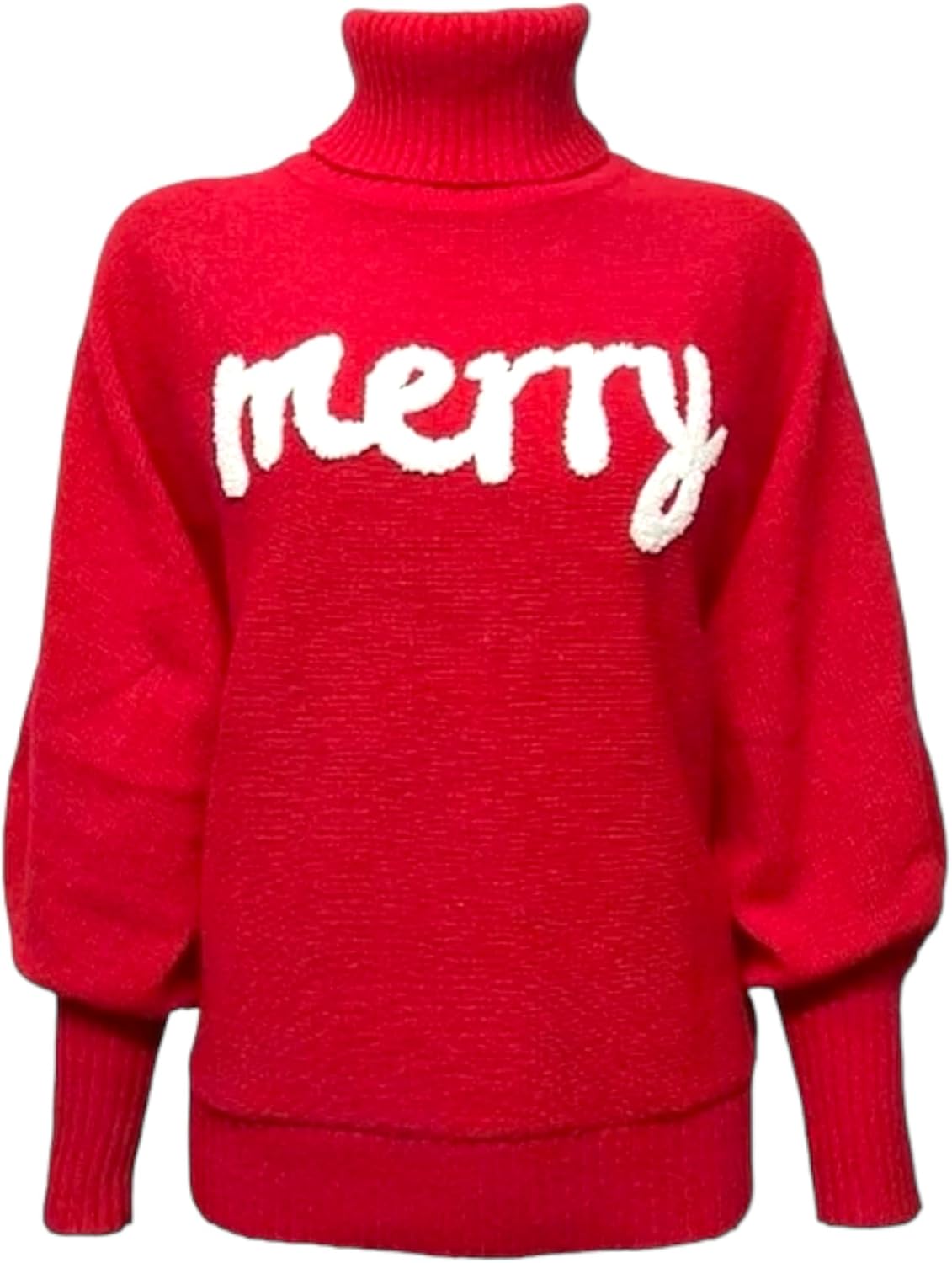 Christmas Holiday Red Merry Embroidered Knit Turtleneck Sweater
