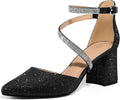 Women's Pumps Low Chunky Block Heels Pointed Toe with Ankle Strap