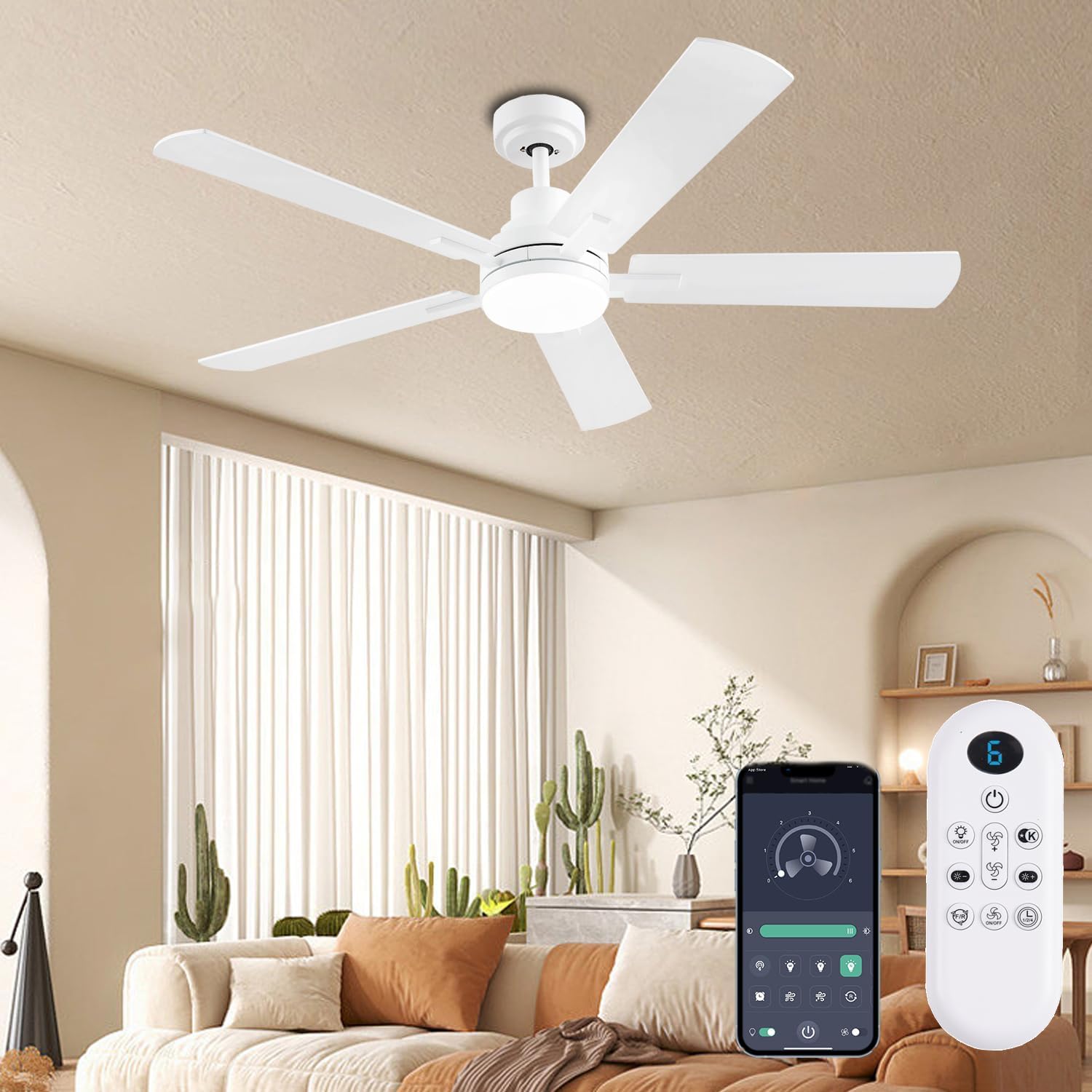 52 Inch Smart Ceiling Fan with Lights and Remote Control
