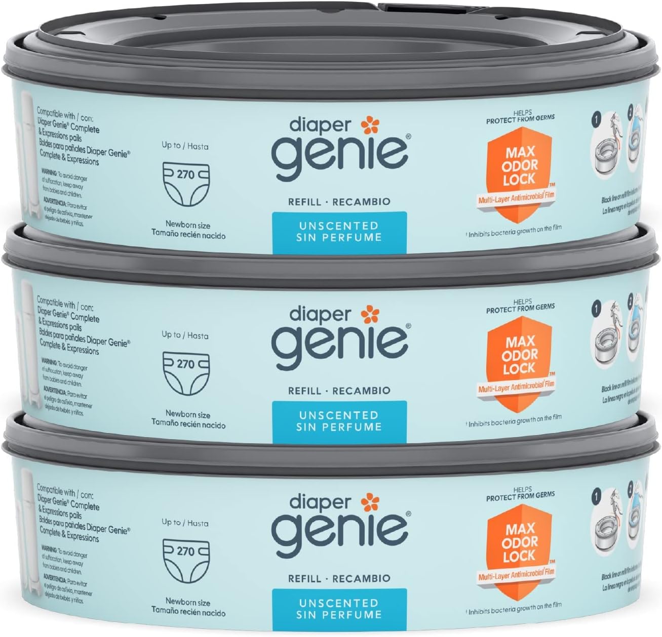 Max Odor Lock: Diaper Genie Bags Refills 270 Ct x3