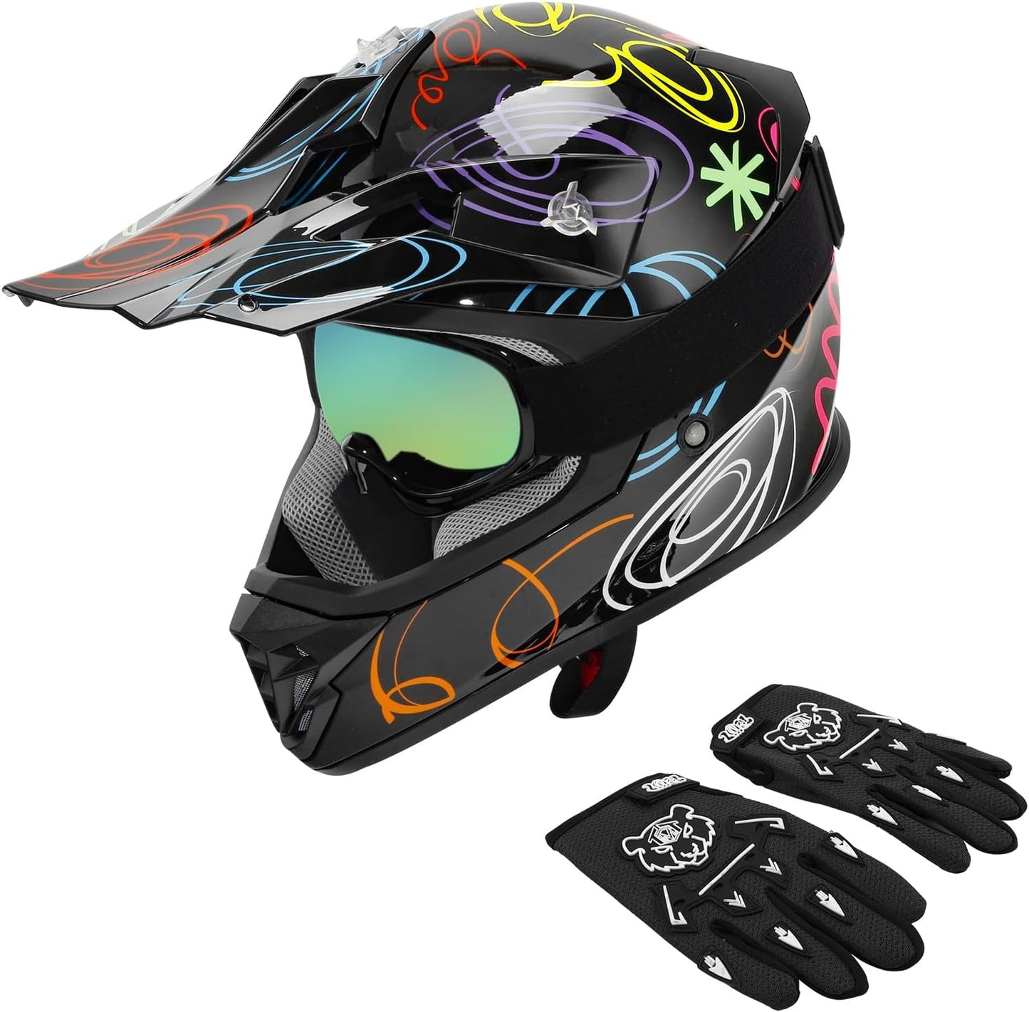 XFMT Youth Kids Motocross Helmet with Goggles and Gloves Set