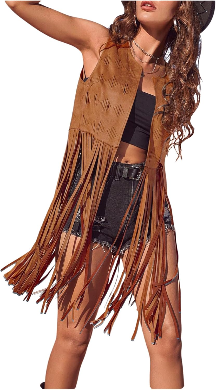 Women's Fringe Vest Sleeveless Boho Faux Suede Jacket for Style