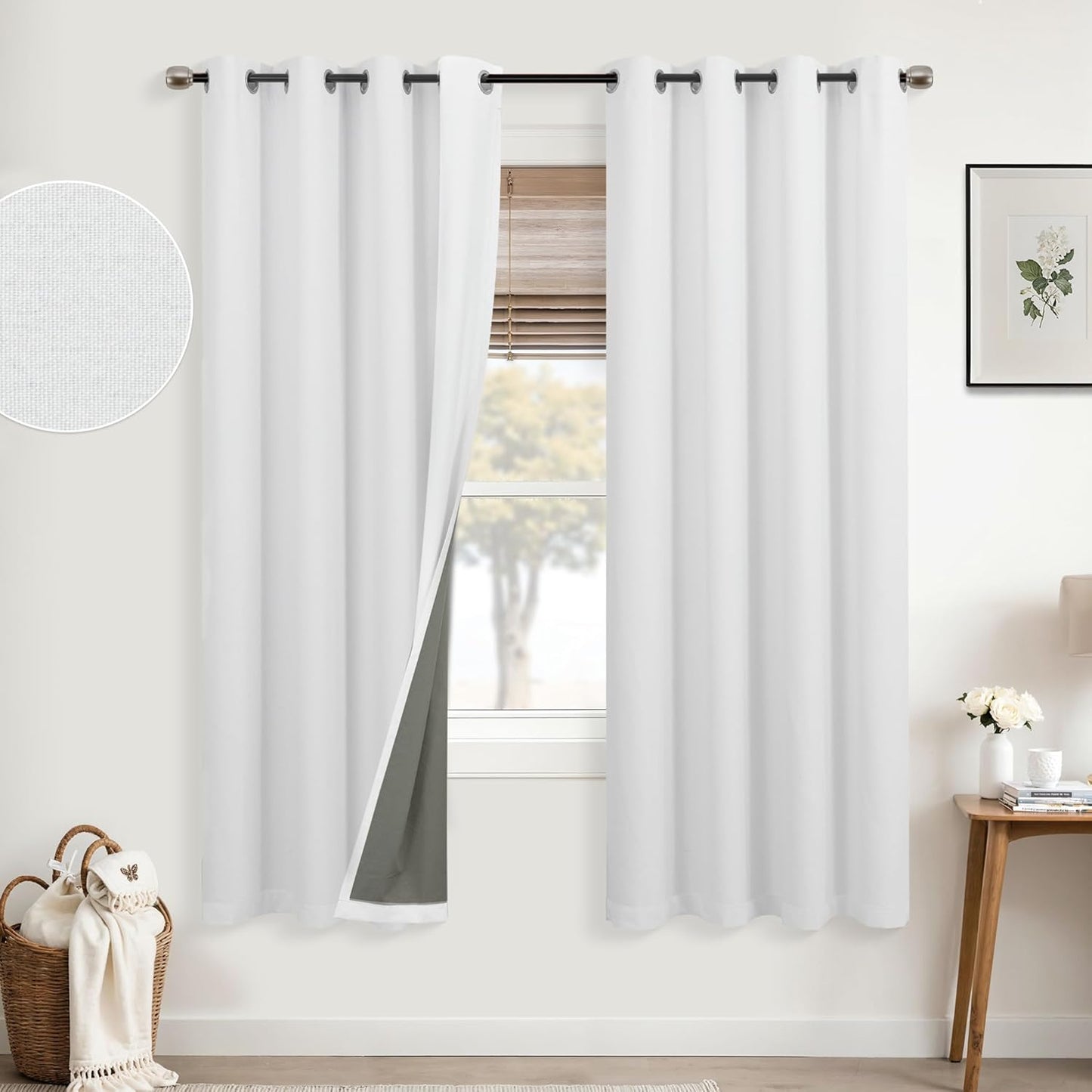 Mrs.Naturall White Grommet Linen Blackout Curtains for Living Room