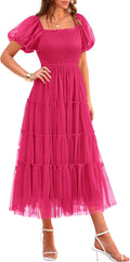 PRETTYGARDEN Summer Midi Dress with Smocked Bodice and Tulle