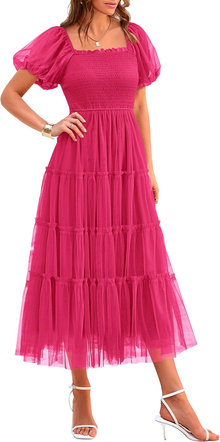 PRETTYGARDEN Women's Smocked Midi Tulle Dress for Summer Events