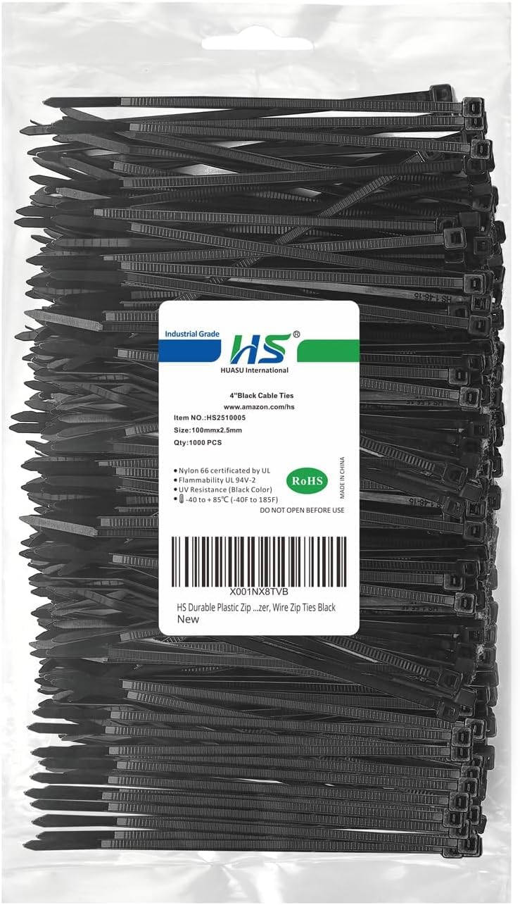 1000 Pack 4-Inch Ultra-Strong Black Zip Ties - Organize with Ease!