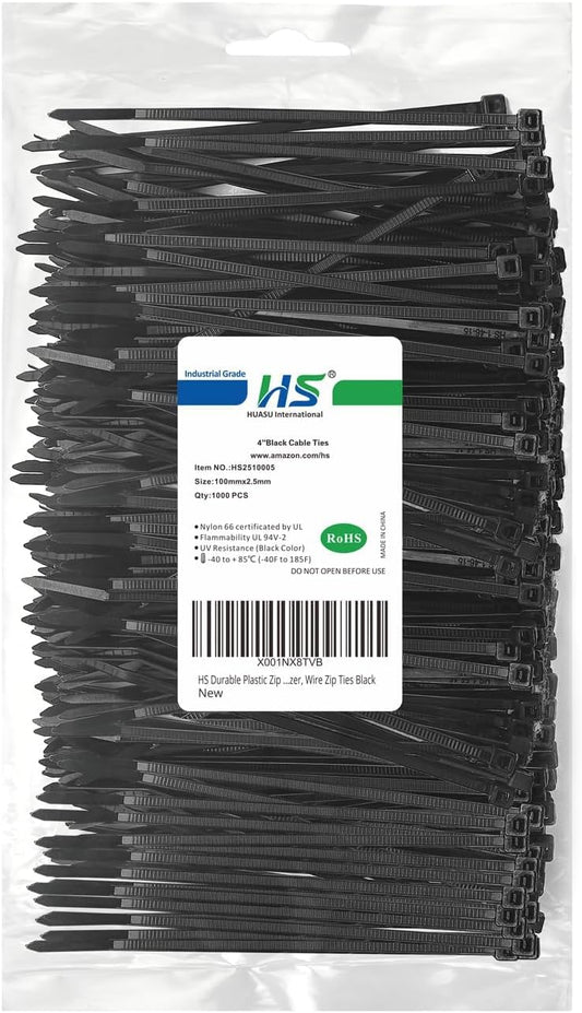 1000 Pack 4-Inch Ultra-Strong Black Zip Ties - Organize with Ease!