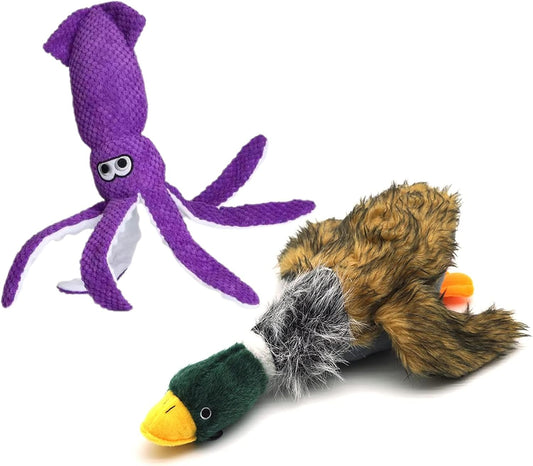 Interactive Squeaky Dog Toys 16 Large Dogs, Mallard Duck & Octopus Plush 2-Pack