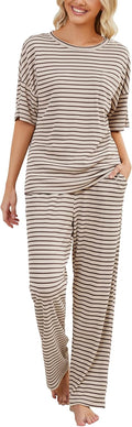 Waffle Knit Womens Pajama Set Short Sleeve Top with Long Pants Sets