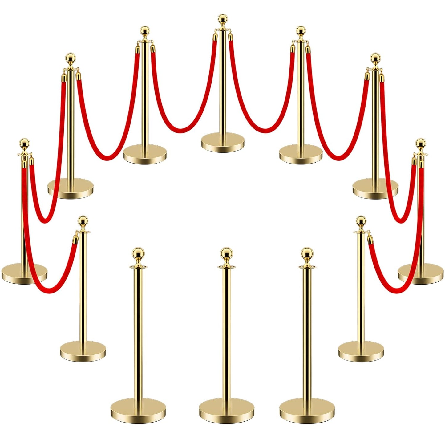 LOVMOR 12Pcs Gold Stanchion Posts with Red Velvet Ropes for Events
