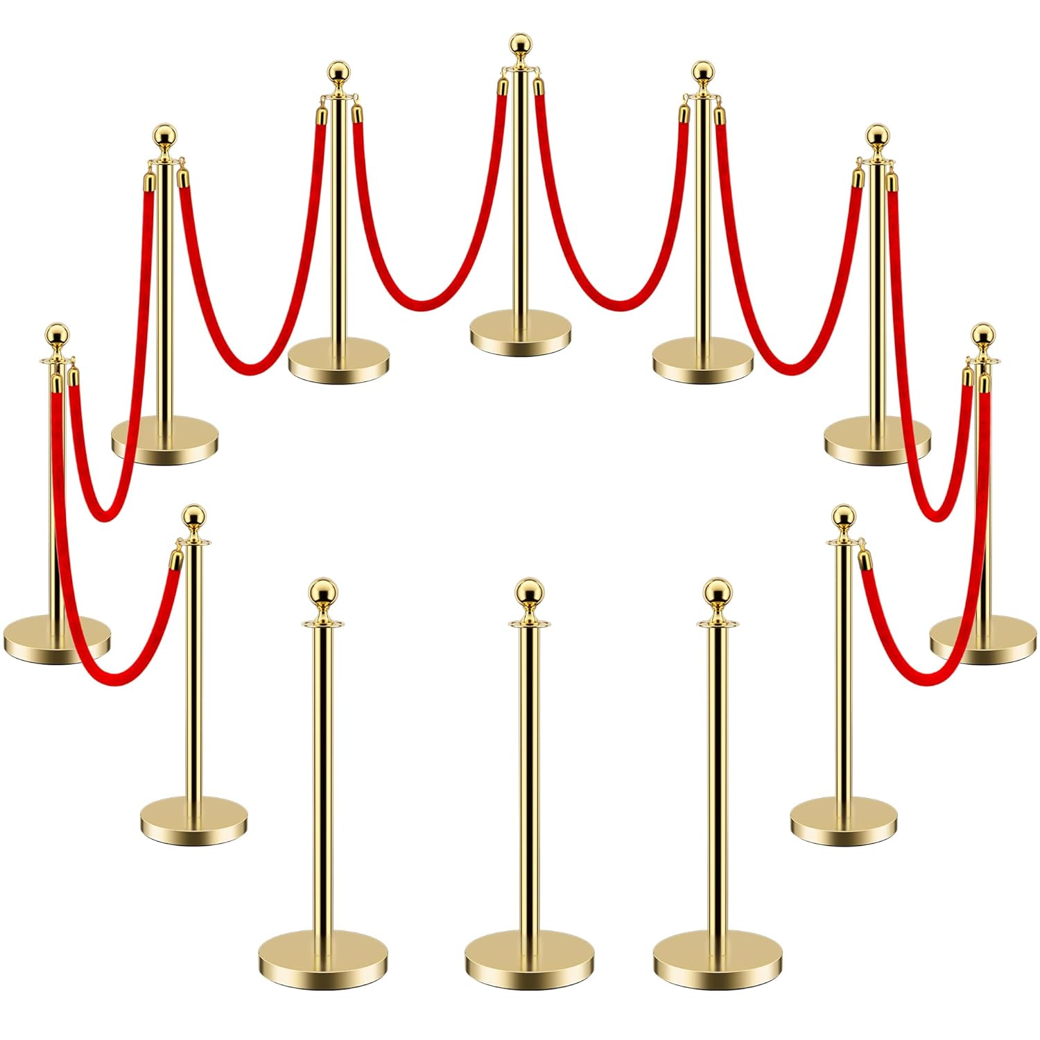 LOVMOR 12Pcs Gold Stanchion Posts with Red Velvet Ropes for Events
