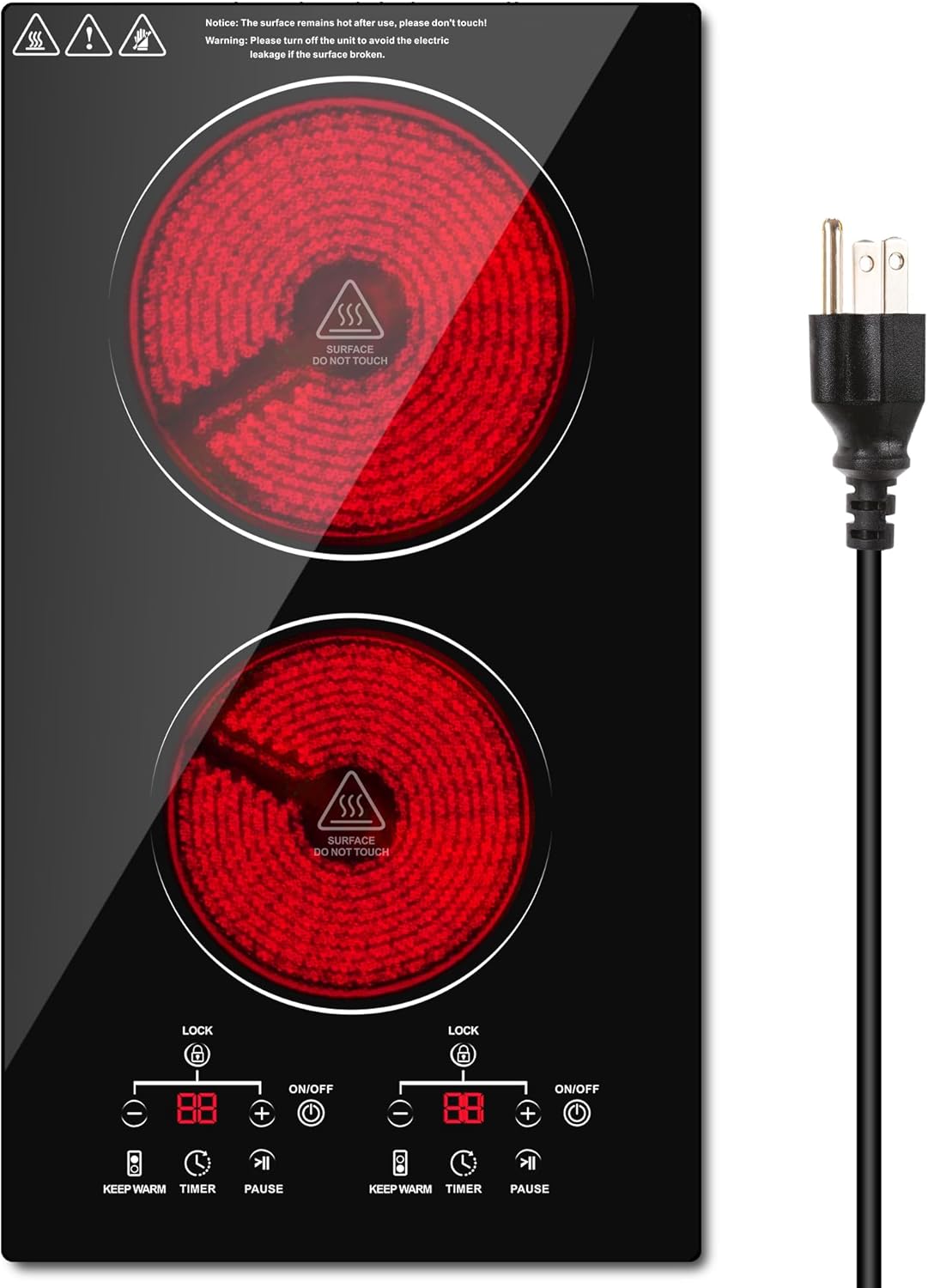 2 Burner Electric Cooktop with Sensor Touch Control and Timer