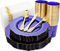 KIRE 210Pcs Blue Plastic Plates with Gold Rim Dinnerware - Elegant