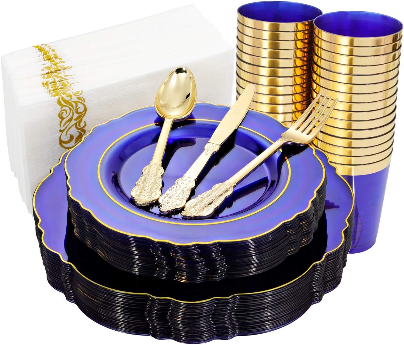 KIRE 210Pcs Blue Plastic Plates with Gold Rim for Events