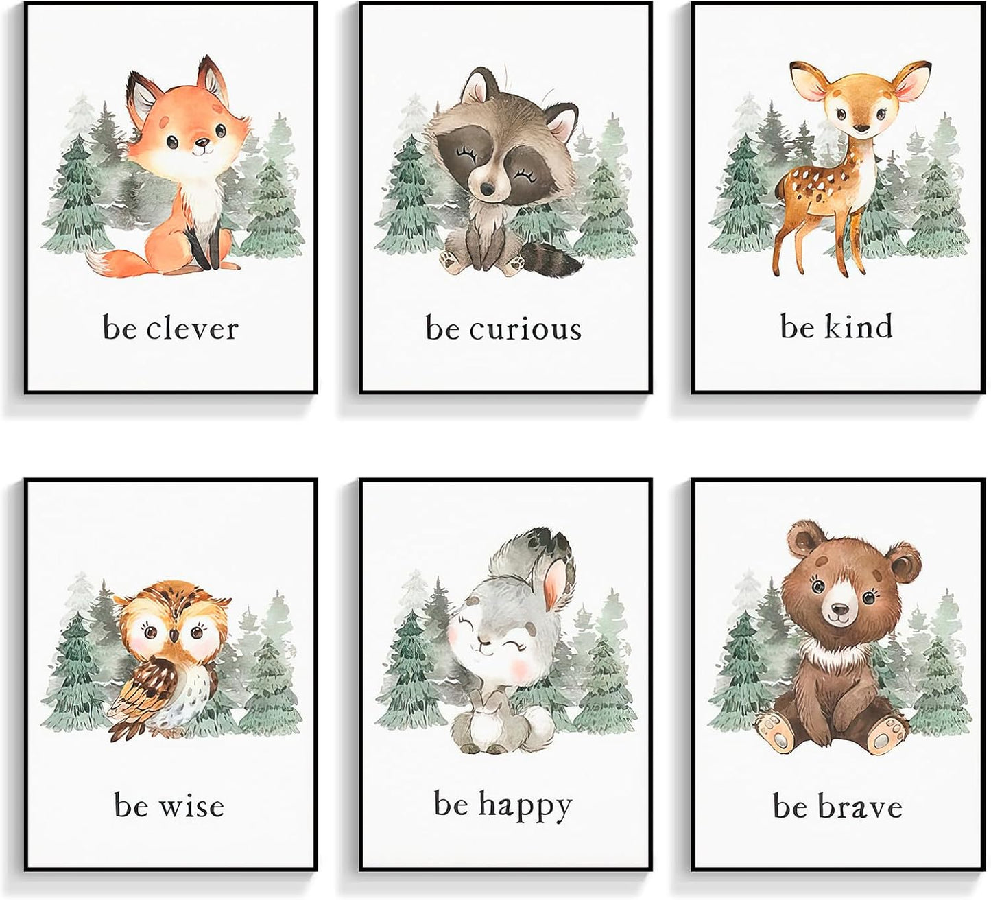Framed Woodland Nursery Animal Canvas Wall Art for Kids