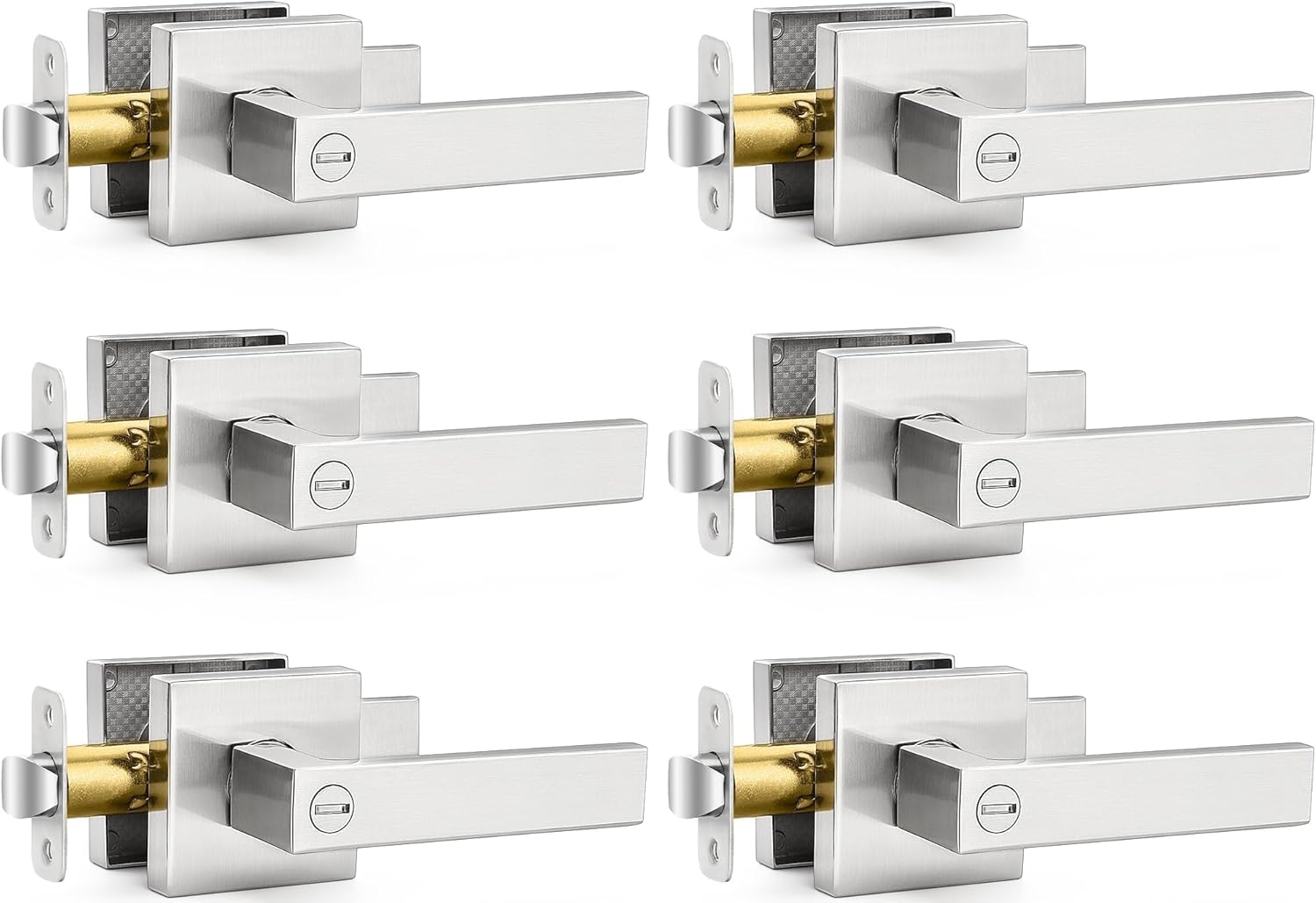 6 Pack Square Door Lever Privacy Lock Handleset in Satin Nickel