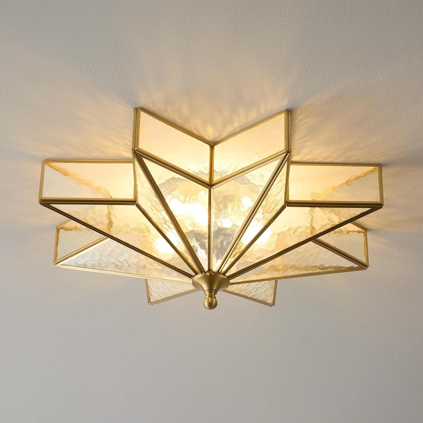 Brass Star Flush Ceiling Light - 19.5 Inch Gold Hammered Glass