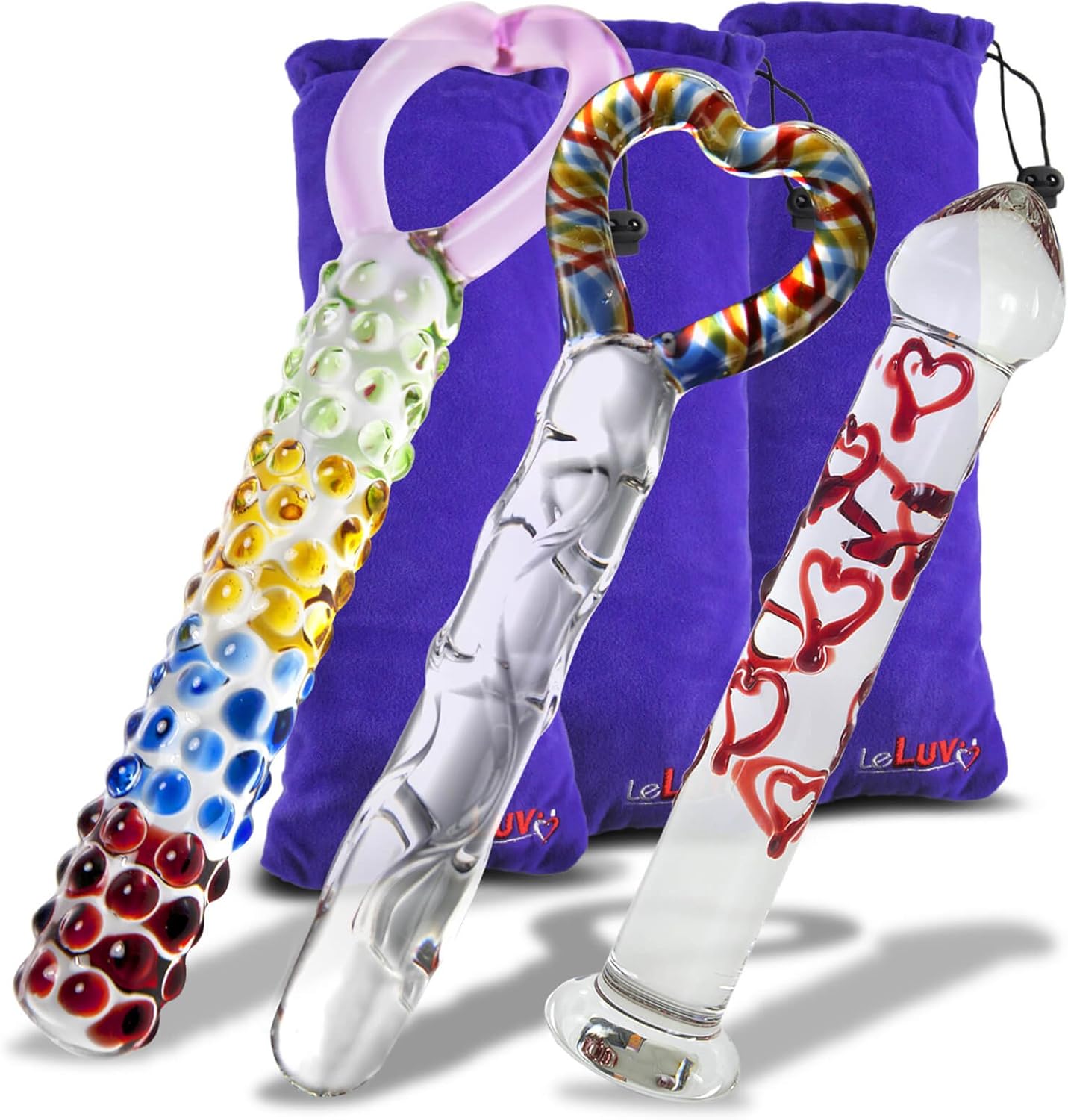 LeLuv Rainbow Hearts Glass Dildo Wand Gift Set with Pouches