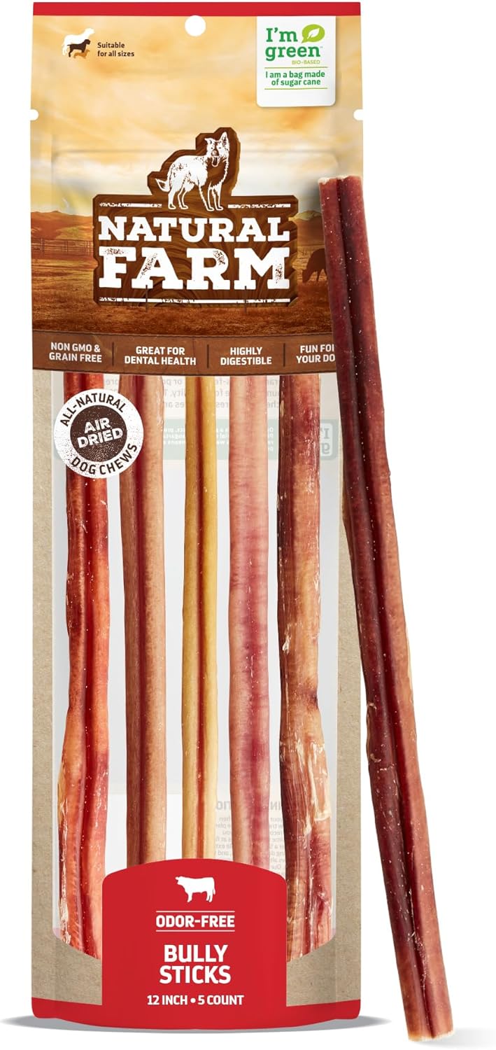 Natural Farm Odor-Free Bully Sticks for Happy Dogs, 12 Inch