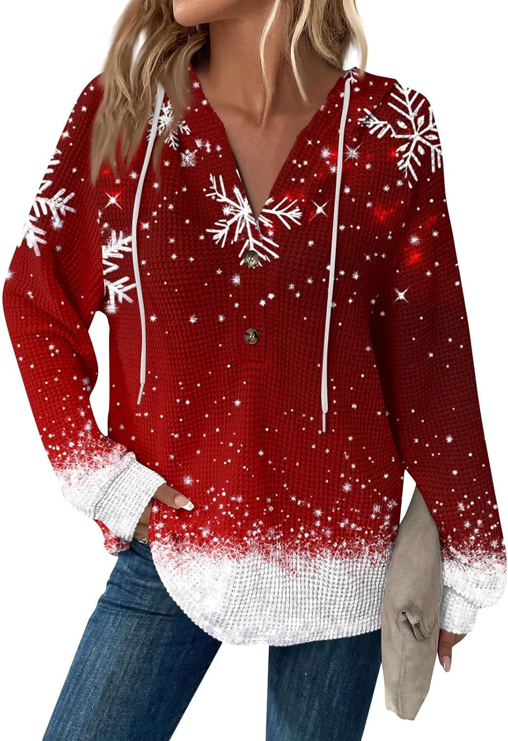 Trendy V-Neck Waffle Knit Hoodie