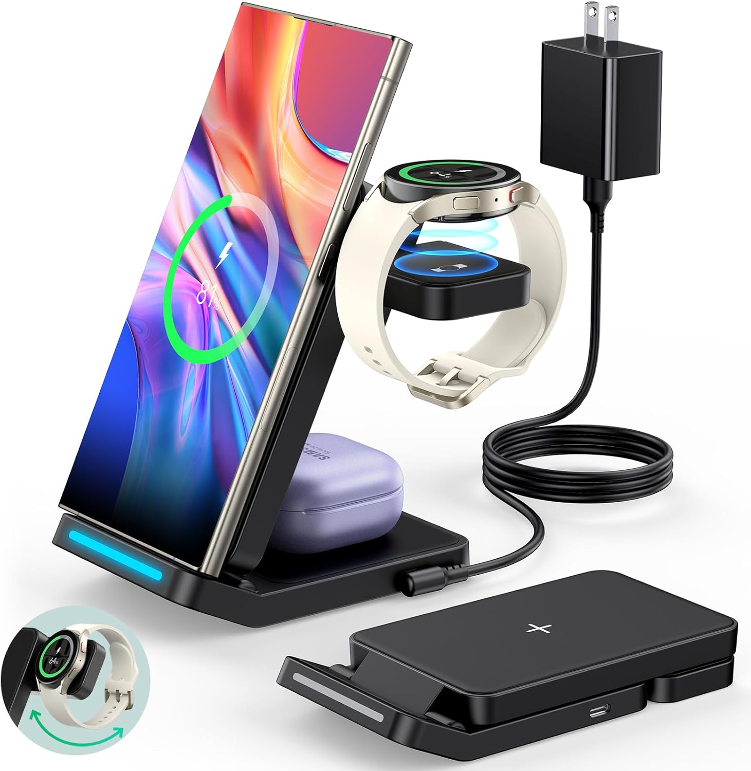 Foldable Wireless Charger for Samsung Devices - 3 in 1 Fast Charging