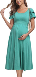 Ruffle Short Sleeve Maternity Dress High Waisted Midi (Style S5K9)