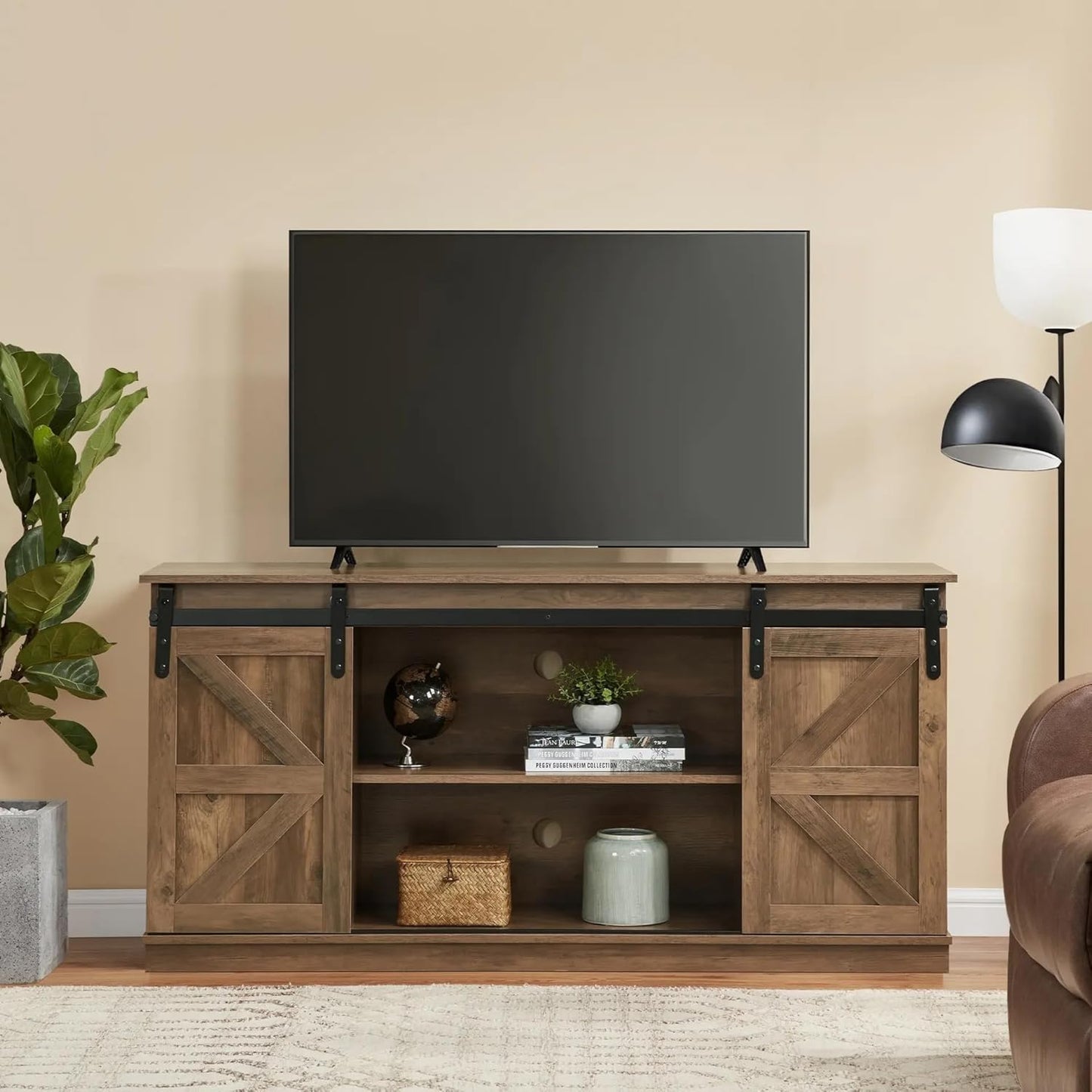 SANODESK 58 Farmhouse TV Stand with Sliding Barn Doors